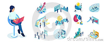 Isometric vector set of business teams solving problems brainstorming ideas, using technology to analyze data Vector Illustration