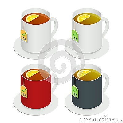 Isometric vector set of multicolored ceramic cups with tea and a piece lemon on white background. Drink Modern vector Vector Illustration