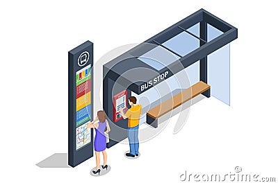 Isometric vector showing a high-tech bus stop with interactive ticket vending machines and a detailed route map. Two Vector Illustration