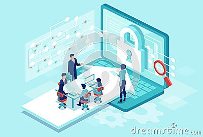 Isometric vector of a team working designing new software to protect personal data Stock Photo