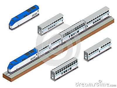 Isometric vector two-story long-distance passenger train closeup Vector Illustration