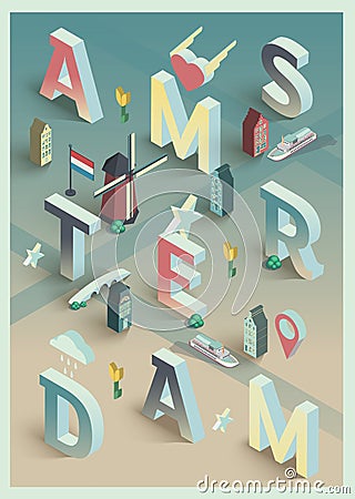 Isometric vector typographic amsterdam poster Vector Illustration
