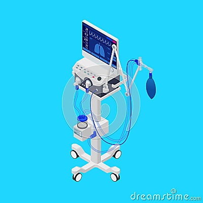 Isometric Ventilator Medical Machine designed to provide mechanical ventilation by moving breathable air into and out of Vector Illustration