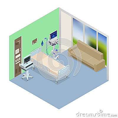 Isometric Ventilator Medical Machine designed to provide mechanical ventilation by moving breathable air into and out of Vector Illustration