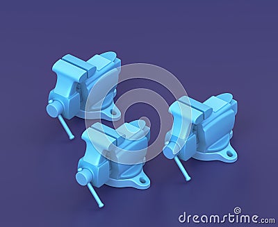 Isometric vice on blue background, single color workshop tool, 3d rendering Stock Photo
