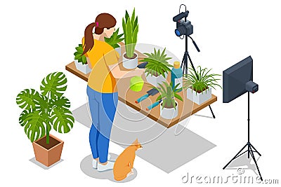 Isometric video blogger planting flower, gardening and housework. Woman or blogger planting pot flowers with camera Vector Illustration