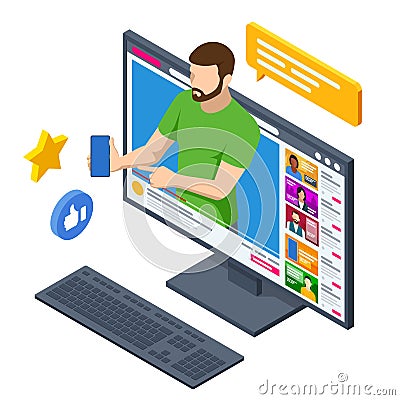 Isometric Video Blogger Recording Video With Camera. Journalist. Tutorial Blogger, Blog Online, Web Vlogger. Online Vector Illustration