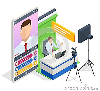 Isometric Video Blogger Recording Video With Camera. Journalist. Tutorial Blogger, Blog Online, Web Vlogger. Online Vector Illustration