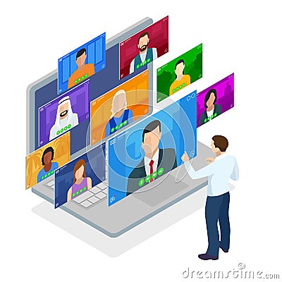 Isometric video conference. Group Corporate Video Conference. Online meeting work form home. Home office. Remote project Stock Photo