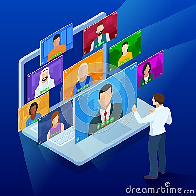 Isometric video conference. Online meeting work form home. Home office. Multiethnic business team. Stay at home and work Vector Illustration