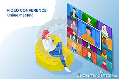 Isometric video conference. Online meeting work form home. Home office. Multiethnic business team. Stay at home and work Vector Illustration