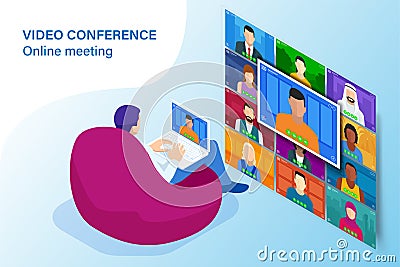 Isometric video conference. Online meeting work form home. Home office. Multiethnic business team. Stay at home and work Vector Illustration