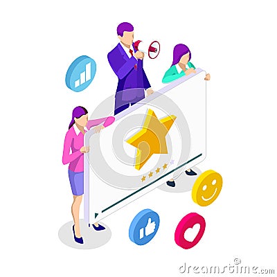 Isometric video rating, video channel promotion, marketing, business presentation, online advertising concept. Vector Illustration