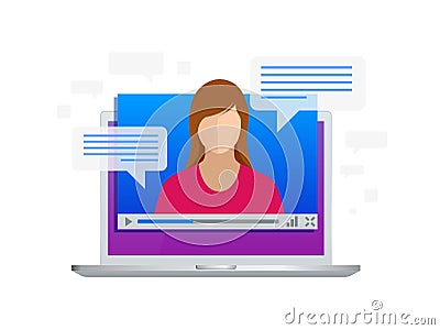 Isometric Video streaming. View video lessons, training or training on a laptop. Learning languages. Vector Illustration
