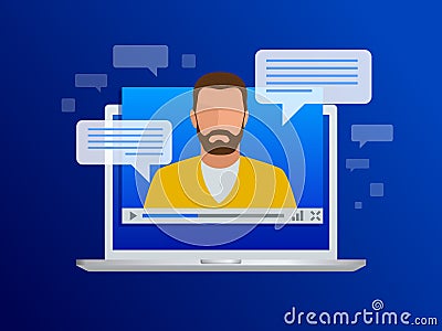 Isometric Video streaming. View video lessons, training or training on a laptop. Learning languages. Vector Illustration