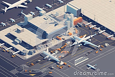 isometric view of busy airport terminal, with airplanes taking off and landing Stock Photo