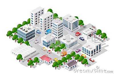 Isometric view of the city. Collection of houses 3D Vector Illustration