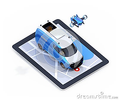 Isometric view of delivery drone and van on digital tablet computer Stock Photo