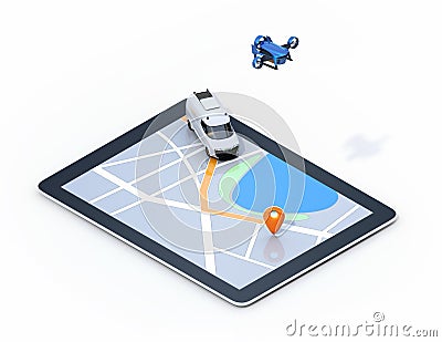 Isometric view of delivery drone and van on digital tablet computer Stock Photo