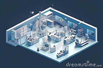 isometric view of futuristic laboratory, with high-tech equipment and experiments in progress Stock Photo