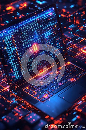 Isometric view of futuristic laptop displaying colorful digital code and data Stock Photo