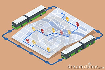An isometric view of interconnected bus routes over a city map, visually representing a streamlined transportation Vector Illustration