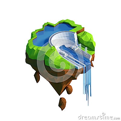 Isometric view low poly hydroelectricity power station concept. Cartoon Illustration