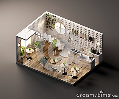 Isometric view minimal cafe store open inside interior architecture, 3d rendering Stock Photo