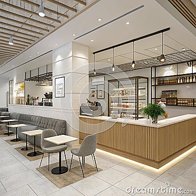 Isometric view minimal cafe store open inside interior architecture, 3D rendering digital art Stock Photo