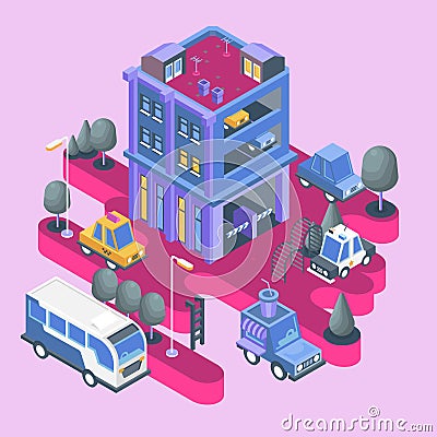 Isometric view. Modern city building. Town block with colorful parking and cars. Vector Illustration