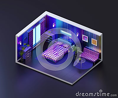 Isometric view night bed room open inside interior architecture, 3d rendering Stock Photo