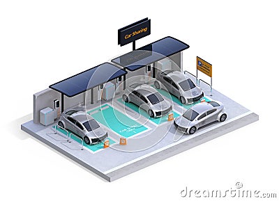 Isometric view of parking lot equipped with charging station, solar panel. Car sharing business Stock Photo