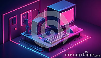 Isometric view of a retro computer setup in a dimly lit room. The computer has a CRT monitor with a pink screen, a Vector Illustration