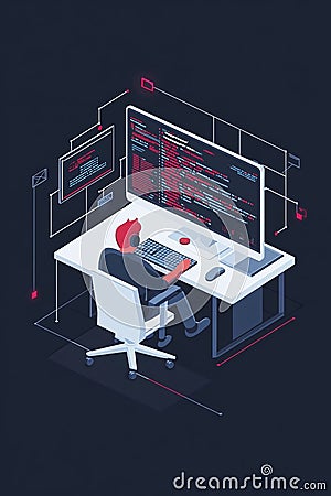 Isometric view of a software developer coding on a futuristic workstation. Stock Photo