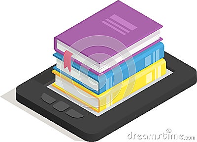 Isometric view of a stack of colorful books with bookmarks placed on top of a black e reader, representing the concept Vector Illustration