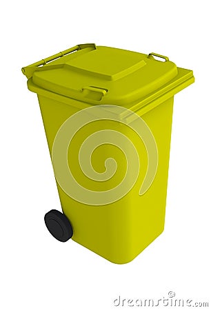 Isometric view of yellow garbage wheelie bin with a closed lid on a white background Stock Photo