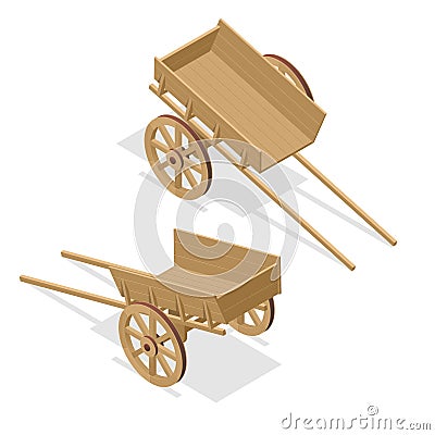 Isometric vintage wooden cart. Flat 3d vector illustration isolated on white Vector Illustration