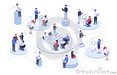 Isometric virtual office. Business people working together, technology companies workspace and teamwork platforms vector Vector Illustration