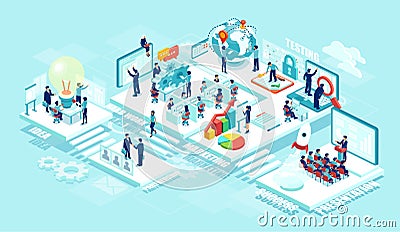 Isometric of virtual office with businesspeople, corporate employees working together on a new startup using mobile devices Stock Photo