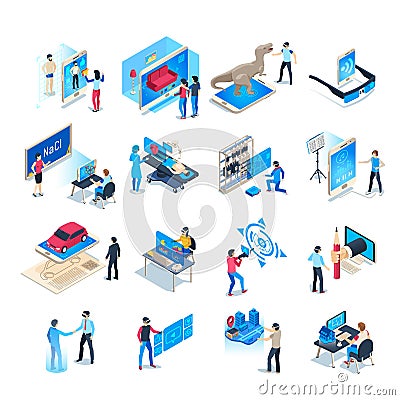 Isometric virtual reality simulations icons. Computer simulation helmet, augmented reality game vector illustration set Vector Illustration