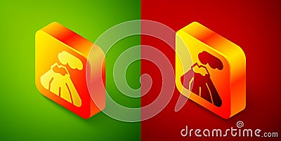 Isometric Volcano icon isolated on green and red background. Square button. Vector Vector Illustration