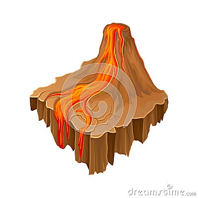 Isometric volcano island with hot flowing lava. Colorful cartoon landscape. Vector element for fantasy game Vector Illustration