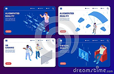 Isometric VR gaming, augmented reality vector landing pages templates Vector Illustration