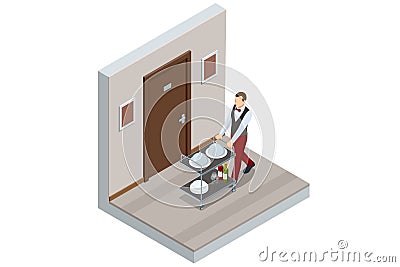 Isometric Waitress in uniform delivering tray with food in a room of hotel. Enjoy the Holiday and Vacation. Room service Vector Illustration
