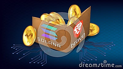 Isometric wallet full of Bitcoin BTC golden coins and logo Brave browser and Solana blockchain on blue. Brave now Integrates with Vector Illustration