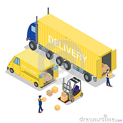 Isometric Warehouse. Cargo Industry. Worker on Forklift Vector Illustration