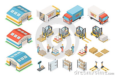 Isometric warehouse icon set, scheme, logistic concept Vector Illustration