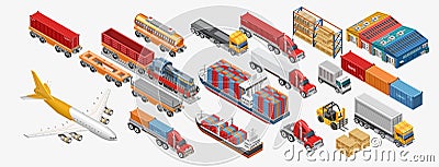 Various freight transport and storage facilities Vector Illustration