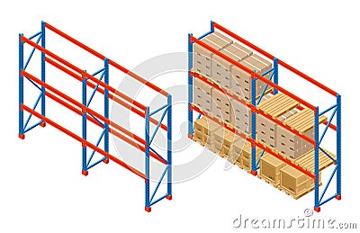 Isometric Warehouse shelves with boxes and empty shelves. Storage equipment icon. Vector isolated on white. Vector Illustration