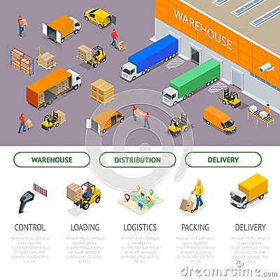 Isometric Warehousing and Distribution Services Concept. Warehouse Storage and Distribution. Ready template for web site Vector Illustration